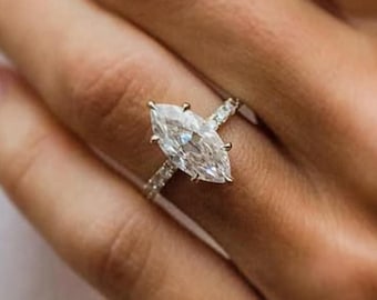 Marquise Lab Grown Diamond Engagement Ring, 14K Gold Hidden Halo