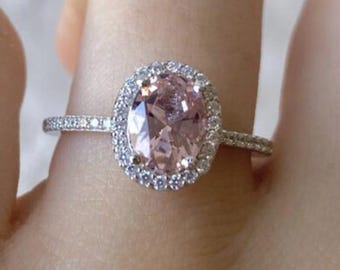 Pink Oval Lab Grown Diamond Ring, 14K White Gold Vintage Halo