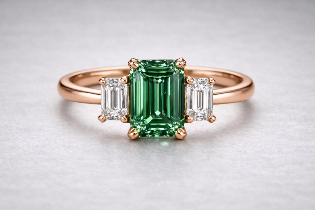 Emerald Cut Lab Diamond Three Stone Ring, 14K Rose Gold Engagement ...