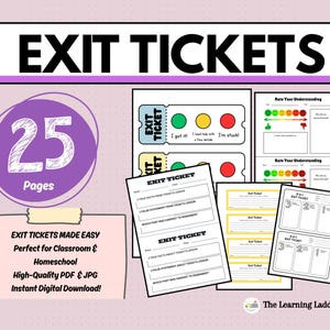 May include: A digital download of "Exit Tickets" for classroom or homeschool use. The image shows various printable pages with prompts for student reflection, including rating understanding and identifying key facts. The design is in black, white, and shades of purple.