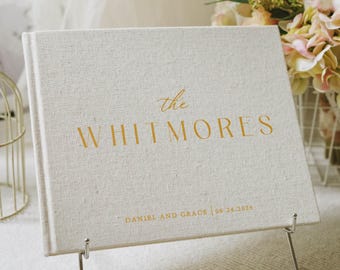 Libro de firmas personalizado para bodas, álbum de tapa dura de lino, libro de firmas con apellido, libro de firmas con fotos Polaroid, recuerdo de boda, regalo de aniversario