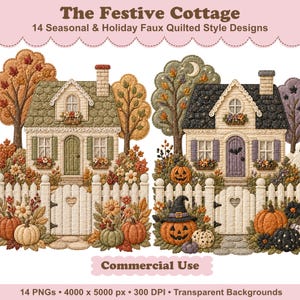 May include: The Festive Cottage 14 Seasonal & Holiday Faux Quilted Style Designs. Two illustrated houses with white picket fences, autumn trees, pumpkins, and flowers. One house has a green roof, the other black. Includes text Commercial Use.