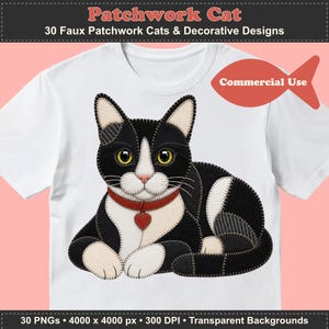 Puede incluir: Una camiseta blanca con el gráfico de un gato negro y blanco diseñado con una estética de patchwork falso. El gato tiene ojos amarillos, un collar rojo con un dije en forma de corazón y detalles de costura visibles en todo el cuerpo.