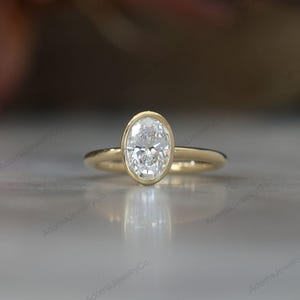 Oval Moissanite Engagement Ring, 14k Gold Bezel Setting