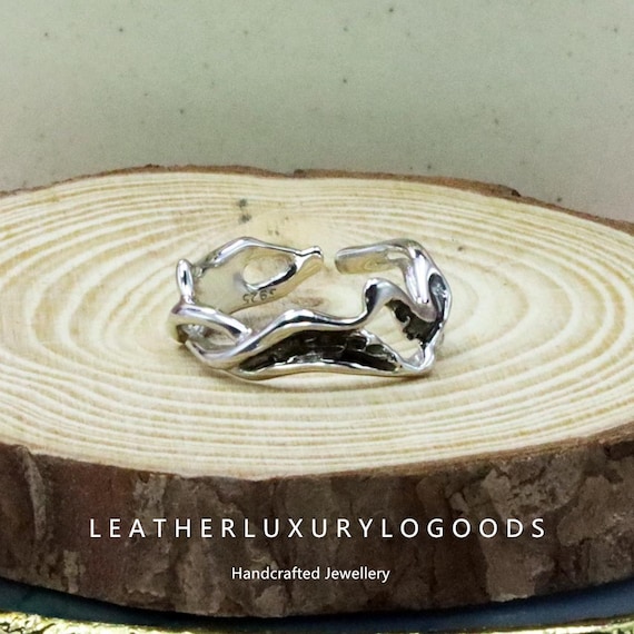 Organic Drip Glaze Ring - S925 Sterling Silver Irregular Textured Open Band, Hand-Poured Artisan Statement Jewelry