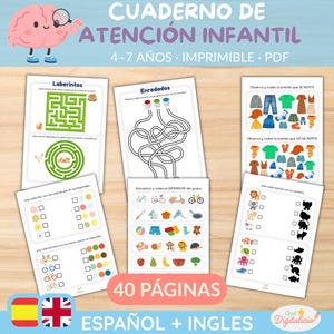 Könnte beinhalten: Ein druckbares Kinder-Aktivitätsbuch mit Labyrinthen, Zuordnungsspielen und Suchbildern. Das Cover zeigt ein Cartoon-Gehirn mit einer Lupe. Der Text lautet "CUADERNO DE ATENCIÓN INFANTIL 4-7 AÑOS - IMPRIMIBLE - PDF". Enthält 40 Seiten.