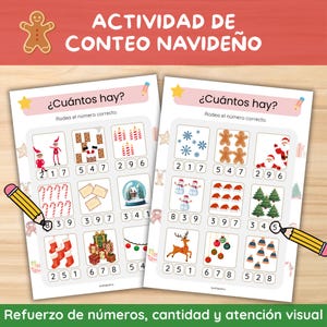 Pu&ograve; includere: Due fogli di attivit&agrave; a tema natalizio con il testo "ACTIVIDAD DE CONTEO NAVIDE&Ntilde;O". Ogni foglio presenta esercizi di conteggio con illustrazioni di elfi, pupazzi di neve e regali. Una matita indica il numero corretto.