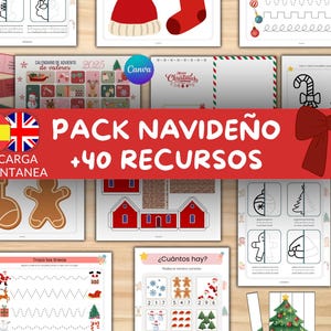 Pu&ograve; includere: Una raccolta di fogli di lavoro e attivit&agrave; educative a tema natalizio. L'immagine presenta varie illustrazioni, tra cui un omino di pan di zenzero, una calza di Natale e un albero di Natale. Il testo sull'immagine recita "PACK NAVIDE&Ntilde;O +40 RECURSOS" e "DESCARGA INSTANTANEA".