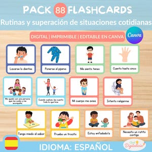 Puede incluir: Un conjunto de 88 tarjetas didácticas en español con ilustraciones de rutinas y situaciones cotidianas. Las tarjetas incluyen imágenes de cepillarse los dientes, ponerse el pijama y contar hasta cinco. El texto de las tarjetas está en español.