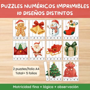 Pu&ograve; includere: Un set di puzzle numerici stampabili con illustrazioni a tema natalizio, tra cui un omino di pan di zenzero, campane e un pupazzo di neve. I puzzle sono progettati per le capacit&agrave; motorie fini e l'osservazione. Il testo recita "PUZZLES NUM&Eacute;RICOS IMPRIMIBLES 10 DISE&Ntilde;OS DISTINTOS".