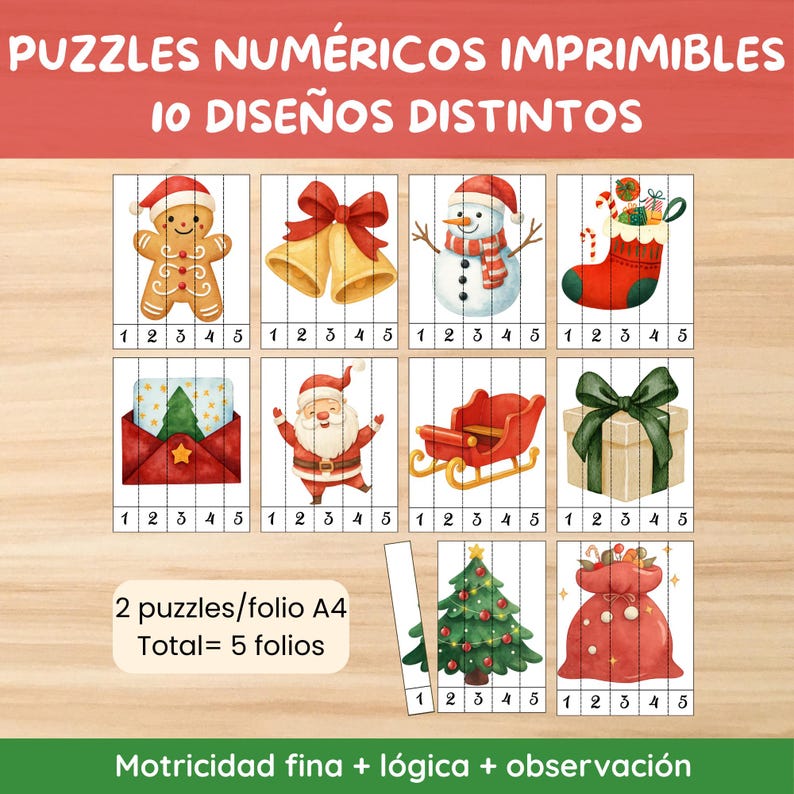 Pu&ograve; includere: Un set di puzzle numerici stampabili con illustrazioni a tema natalizio, tra cui un omino di pan di zenzero, campane e un pupazzo di neve. I puzzle sono progettati per le capacit&agrave; motorie fini e l'osservazione. Il testo recita "PUZZLES NUM&Eacute;RICOS IMPRIMIBLES 10 DISE&Ntilde;OS DISTINTOS".