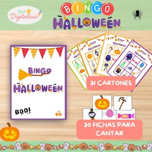 Könnte beinhalten: Ein Halloween-Bingo-Spielset. Das Bild zeigt Bingokarten, Loskarten und einen dekorativen Rand mit Kürbissen und Süßigkeiten. Die Hauptkarte lautet "BINGO HALLOWEEN" mit einer Illustration eines Hexenbesens. Das Set enthält 31 Karten und 30 Loskarten.