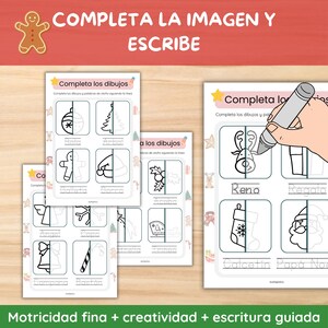 Pu&ograve; includere: Fogli di attivit&agrave; a tema natalizio con disegni incompleti da completare. I fogli presentano immagini di ornamenti, un albero di Natale e una renna. Il testo sui fogli recita "Completa i disegni" e "Motricit&agrave; fine + creativit&agrave; + scrittura guidata."