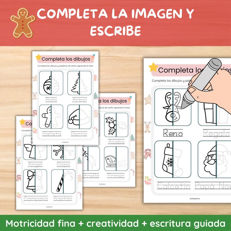 Pu&ograve; includere: Fogli di attivit&agrave; a tema natalizio con disegni incompleti da completare. I fogli presentano immagini di ornamenti, un albero di Natale e una renna. Il testo sui fogli recita "Completa i disegni" e "Motricit&agrave; fine + creativit&agrave; + scrittura guidata."