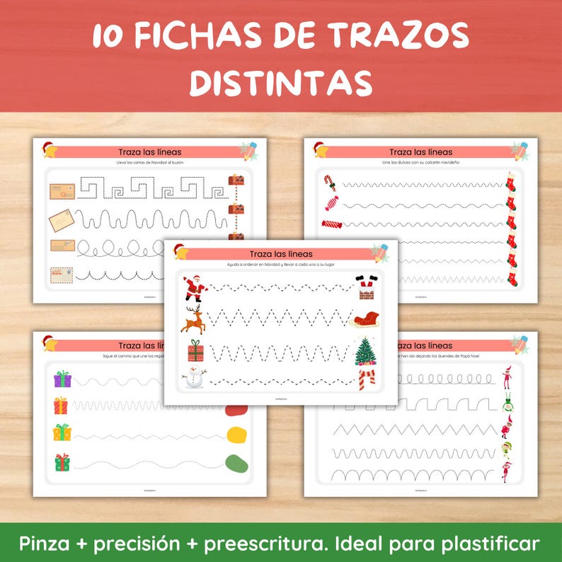 Pu&ograve; includere: Un set di dieci fogli di lavoro di tracciamento con illustrazioni a tema natalizio e il testo "10 FICHAS DE TRAZOS DISTINTAS". Ogni foglio di lavoro presenta diversi modelli di linee per la pratica del tracciamento.