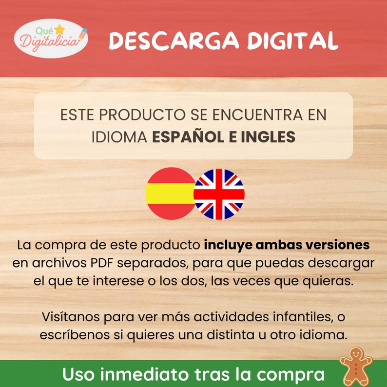 Pu&ograve; includere: Grafica per download digitale con il testo "DESCARGA DIGITAL" e "ESTE PRODUCTO SE ENCUENTRA EN IDIOMA ESPA&Ntilde;OL E INGLES". Include le bandiere di Spagna e Regno Unito. &Egrave; visibile anche il testo "Uso inmediato tras la compra".