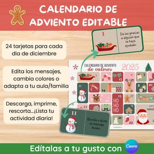 Pu&ograve; includere: Calendario dell'Avvento 2025 stampabile e modificabile, con 24 biglietti per ogni giorno di dicembre. Il design festivo presenta illustrazioni di pupazzo di neve, renne, regali e Babbo Natale. Adatto per uso familiare o scolastico.