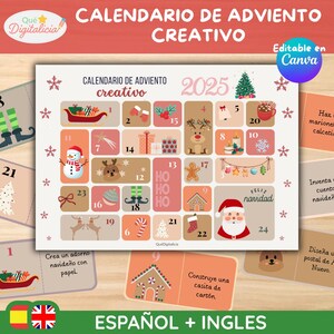May include: A festive Advent calendar for 2025 with a creative design, featuring numbered squares with Christmas-themed illustrations. The calendar includes a snowman, Santa Claus, and a gingerbread house. The text "CALENDARIO DE ADVIENTO CREATIVO" is displayed.