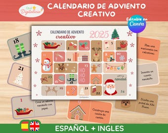 Bewerkbare creatieve adventskalender in Canva · 24 activiteiten + 6 extra bronnen · Spaans en Engels · Kerstactiviteiten voor kinderen