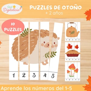 Op de afbeelding: Een kinderpuzzelset met een herfstthema. De set bevat een egelpuzzel en drie andere puzzels met een theepot, taart en paddenstoelen. De puzzels zijn ontworpen om de getallen 1-5 te leren. De tekst op de afbeelding luidt "Puzzles de Otoño + 2 años".
