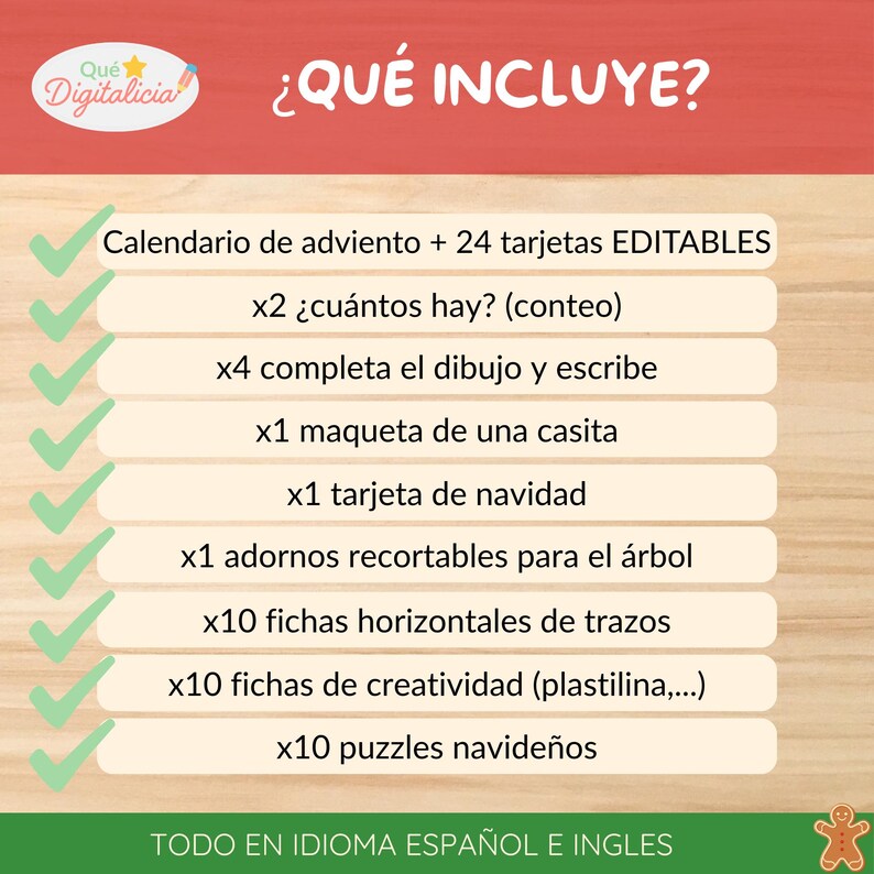 Pu&ograve; includere: Grafica rossa e bianca con il testo "&iquest;QU&Eacute; INCLUYE?" e un elenco di elementi, tra cui un calendario dell'Avvento, schede modificabili e attivit&agrave; a tema natalizio. Il testo &egrave; in spagnolo e inglese.