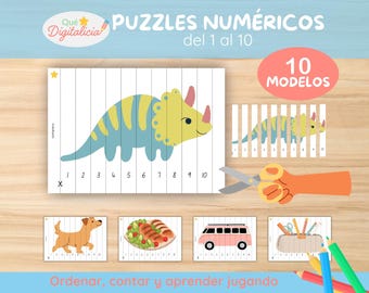 Afdrukbare getallenpuzzels 1-10 | Educatieve activiteit voor kinderen | 10 puzzels met illustraties | Leren tellen en sorteren | Montessori