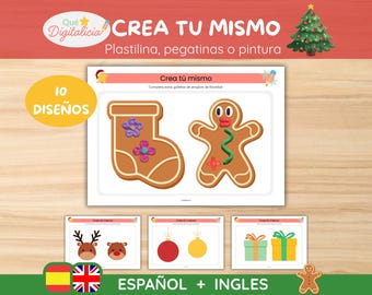 Kerstactiviteitenbladen voor kinderen | Creatieve activiteiten in het Spaans en Engels | Montessori-knutselwerkjes met klei, verf of stickers + cadeau