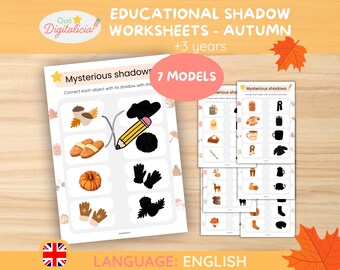 Schaduw matchen – Herfstactiviteit voor kinderen | Printbaar educatief spel | Werkbladen visuele perceptie (PDF)