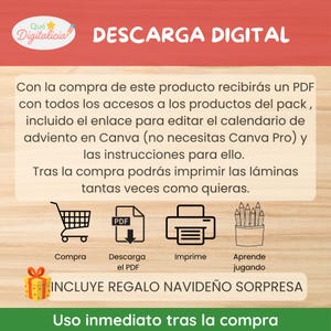 Pu&ograve; includere: Grafica per download digitale in spagnolo, con "DESCARGA DIGITAL" e istruzioni per un download PDF. Icone raffiguranti un carrello, download PDF, stampante e matite. Il testo include anche "INCLUYE REGALO NAVIDE&Ntilde;O SORPRESA".