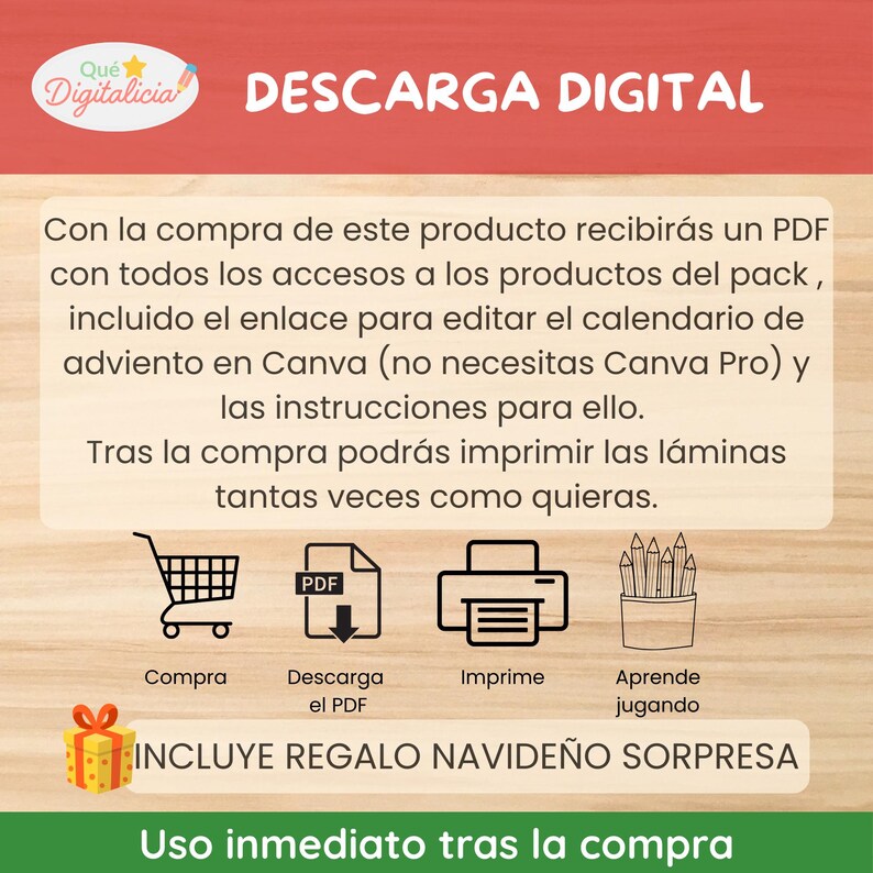 Pu&ograve; includere: Grafica per download digitale in spagnolo, con "DESCARGA DIGITAL" e istruzioni per un download PDF. Icone raffiguranti un carrello, download PDF, stampante e matite. Il testo include anche "INCLUYE REGALO NAVIDE&Ntilde;O SORPRESA".
