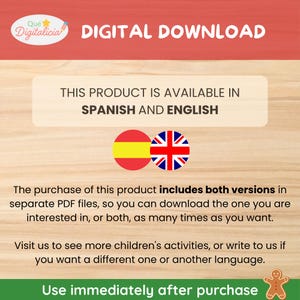 Pu&ograve; includere: Annuncio di prodotto digitale scaricabile in inglese e spagnolo. L'immagine include le bandiere spagnola e britannica e il testo indica che il prodotto &egrave; disponibile in entrambe le lingue. Il prodotto &egrave; per le attivit&agrave; dei bambini.