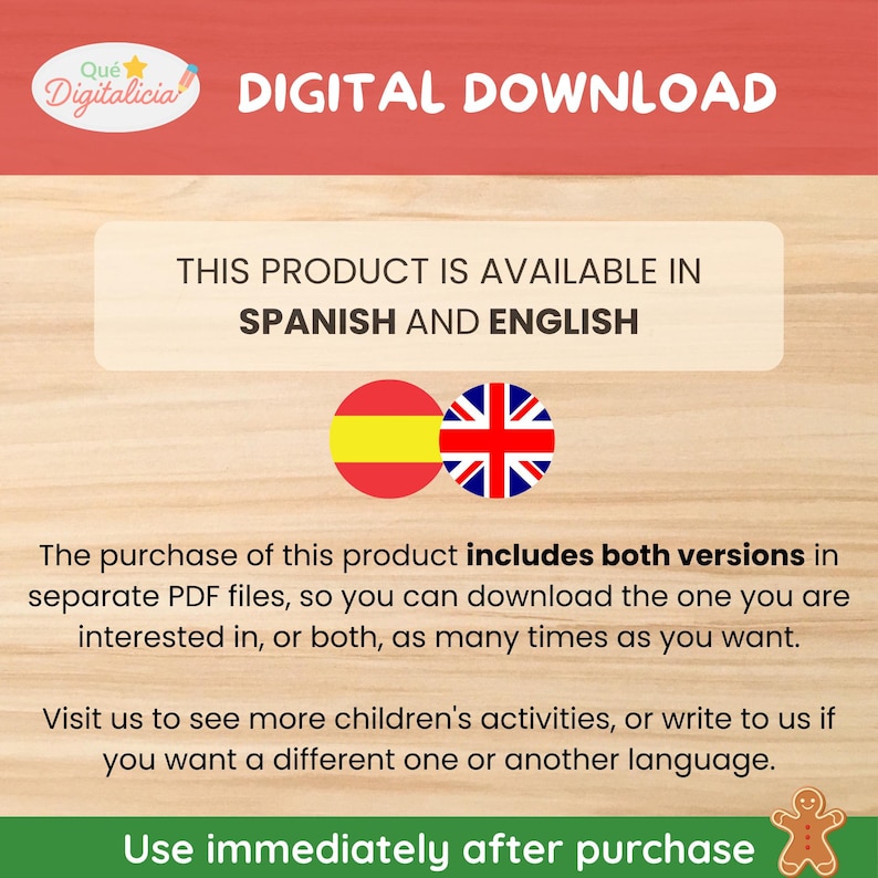 Pu&ograve; includere: Annuncio di prodotto digitale scaricabile in inglese e spagnolo. L'immagine include le bandiere spagnola e britannica e il testo indica che il prodotto &egrave; disponibile in entrambe le lingue. Il prodotto &egrave; per le attivit&agrave; dei bambini.
