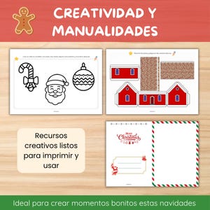 Pu&ograve; includere: Una raccolta di risorse per l'artigianato natalizio stampabili. Include pagine da colorare con disegni festivi, un modello di casa e un design di biglietto di Natale. Il testo recita "Creativit&agrave; e artigianato" e "Risorse creative pronte per la stampa e l'uso".