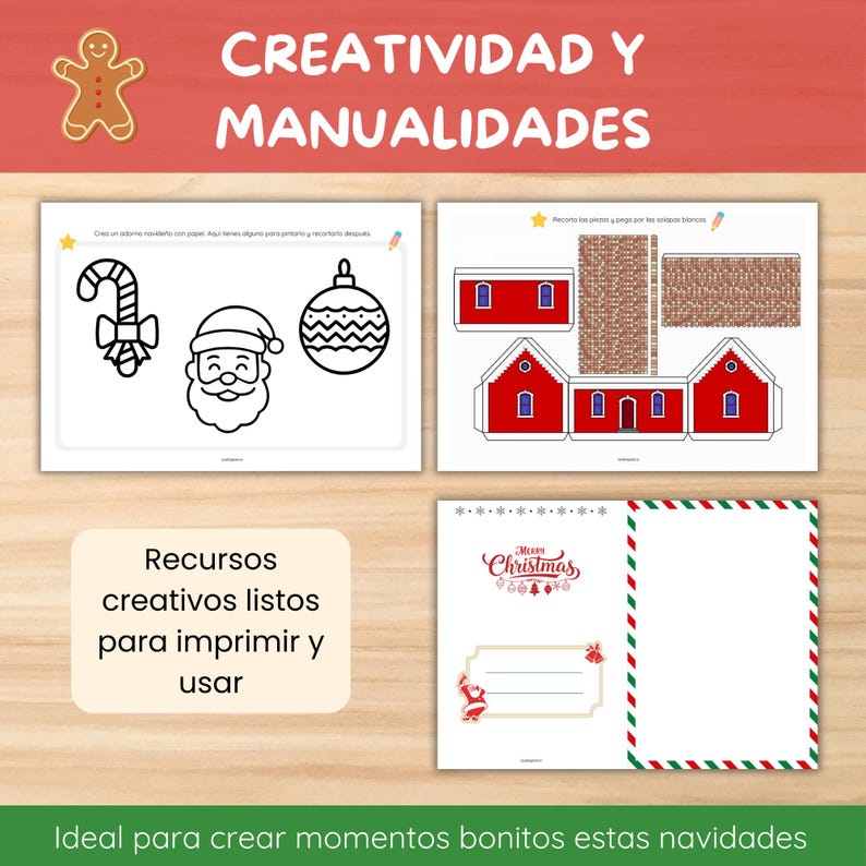 Pu&ograve; includere: Una raccolta di risorse per l'artigianato natalizio stampabili. Include pagine da colorare con disegni festivi, un modello di casa e un design di biglietto di Natale. Il testo recita "Creativit&agrave; e artigianato" e "Risorse creative pronte per la stampa e l'uso".