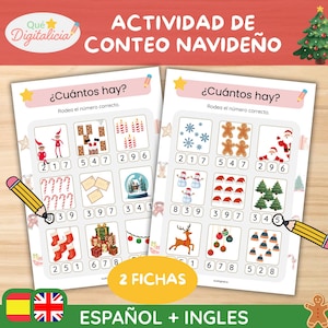 Puede incluir: Dos hojas de trabajo con actividades de conteo con temática navideña. Cada hoja presenta una cuadrícula de imágenes festivas, como elfos y árboles de Navidad, con números para rodear. El texto dice "Actividad de conteo navideño" y "Español + Inglés".