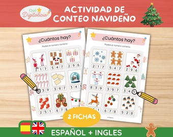 Kersttelkaarten | Objecten tellen 1-10 | Tweetalig printbaar (Spaans en Engels) | Peuteractiviteit | Educatieve PDF