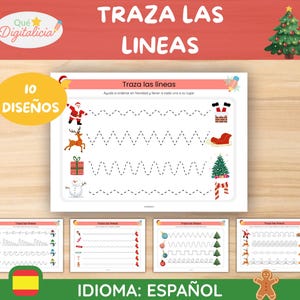 Puede incluir: Hojas de trabajo de trazado con temática navideña en español. La hoja principal presenta a Papá Noel, un reno, un regalo, un muñeco de nieve, un trineo y un árbol de Navidad. El texto "TRAZA LAS LINEAS" y "10 DISEÑOS" son visibles.