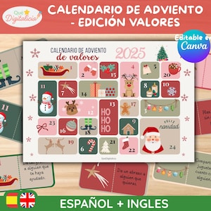 Calendario de Adviento Infantil · 24 Tarjetas de Valores Editables en Canva · Actividad Navideña Educativa Imprimible para Niños