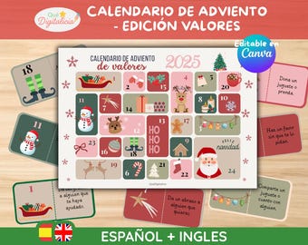 Calendario dell'Avvento per bambini · 24 schede di valori modificabili in Canva · Attività natalizie educative stampabili per bambini