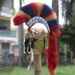May include: A polished brass Roman helmet with a red, blue, and tan plume. The helmet features decorative swirls and a blue and white crest. The helmet is mounted on a bamboo pole.
