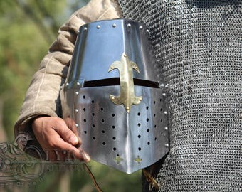 Casco medieval de acero de calibre 16 / Réplica de casco de armadura de caballero / Armadura de combate para recreación histórica y LARP