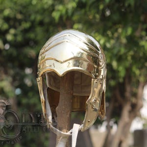 May include: A gold-coloured helmet, possibly for historical reenactment. The helmet has a rounded top with decorative ridges and cheek guards. The background is blurred, with green foliage.