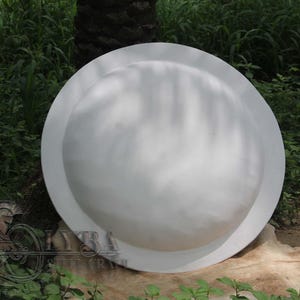 May include: A large, white, round shield with a raised central boss. The shield is set against a backdrop of green foliage and trees. The shield appears to be made of a solid material, possibly metal or a composite.