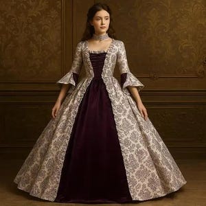 May include: A floor-length gown featuring a dark purple velvet center panel and a cream-colored overcoat with a dense, intricate floral damask pattern. The garment includes three-quarter length bell sleeves and a matching high-neck choker.