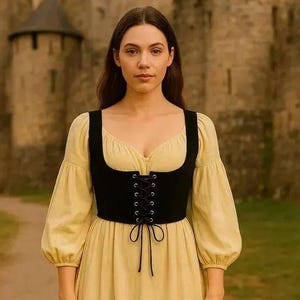 May include: A pale yellow dress with long, puffed sleeves and a scoop neckline, layered with a black, sleeveless, front-lacing corset bodice featuring silver-toned eyelets and black cord ties that hang down from the center of the waist.