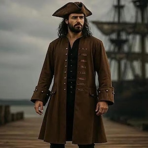 May include: A brown long coat with metallic buttons and wide cuffs, worn over a black shirt. The outfit includes a matching brown tricorn hat. The garment features a structured collar and a knee-length cut, presented in a historical style.