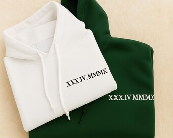 Felpa con cappuccio con numeri romani ricamati personalizzati | Felpa sportiva casual per coppie Regali per coppie | Felpa personalizzata per San Valentino | Felpe con cappuccio personalizzate per