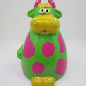 Vintage Cow Coin Bank Green and Pink Colorful Whimsical Decor