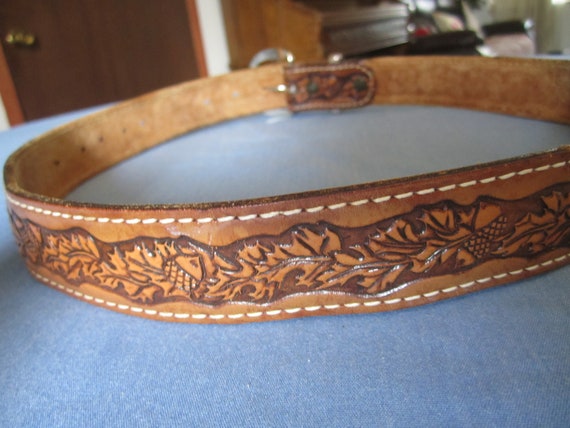 Vintage Brown Tooled Leather Belt - image 4