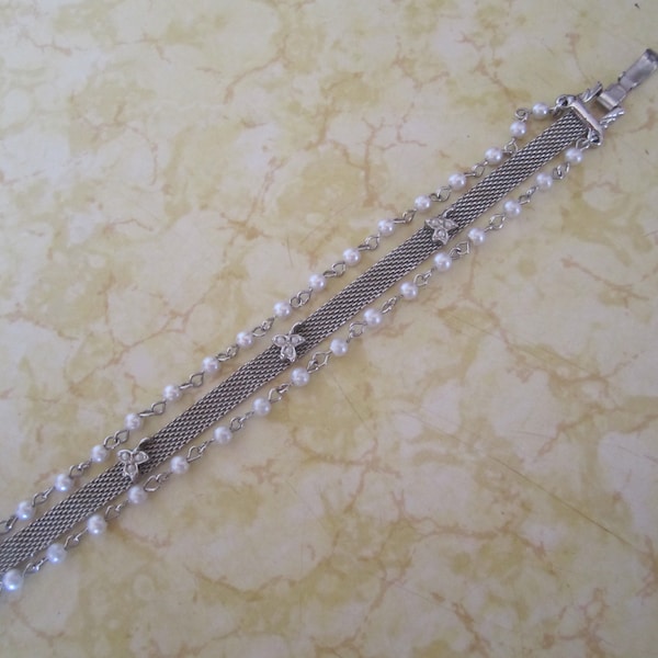 Vintage Goldette Bracelet Silver Metal Mesh and Faux Pearl Three Strand Bracelet